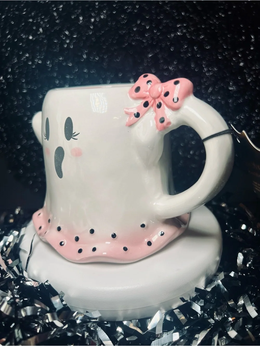 Halloween Pink & Black Polka Dot Ghost Ceramic Mug Hair Bow Cute Skirt Girl